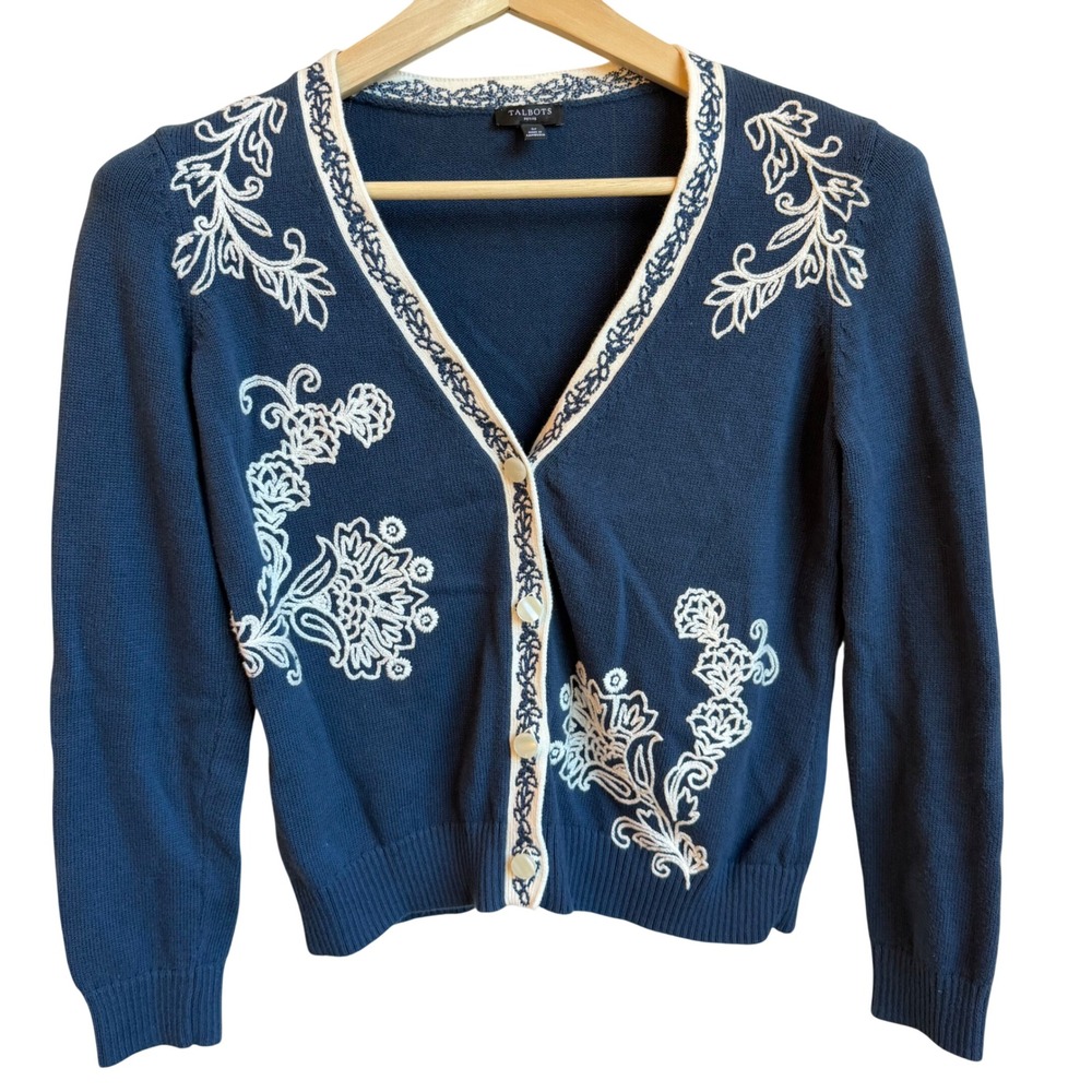 Talbots Floral Cardigan Womens SP Blue White Embroidered Cotton Boho Cottagecore